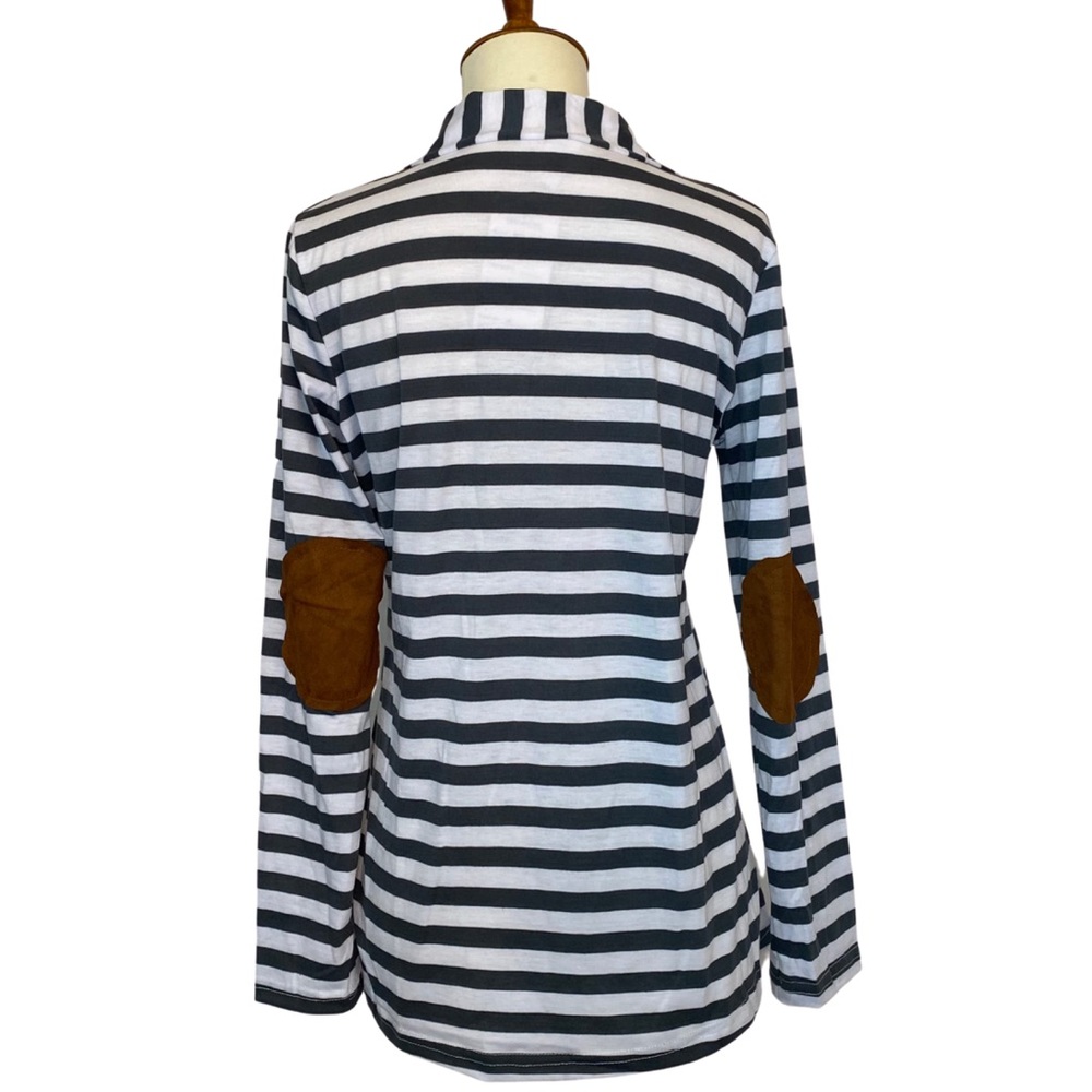 Gray & White Striped Cardigan with Elbow Patches - Picture 10 of 15